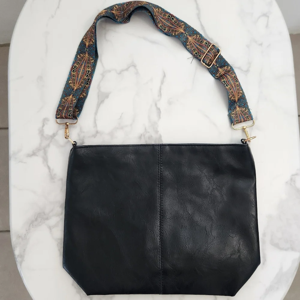 Unisex Black Pu Leather Tote Bag With Patterned Boho Strap - Picture 2 of 15